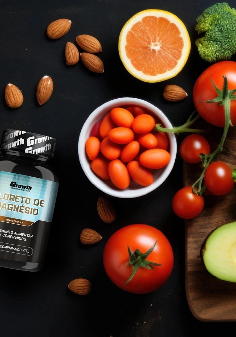 GROWTH SUPPLEMENTS - Imagem ilustrativa alimentos saudáveis ao lado de embalagem de cloreto de magnésio