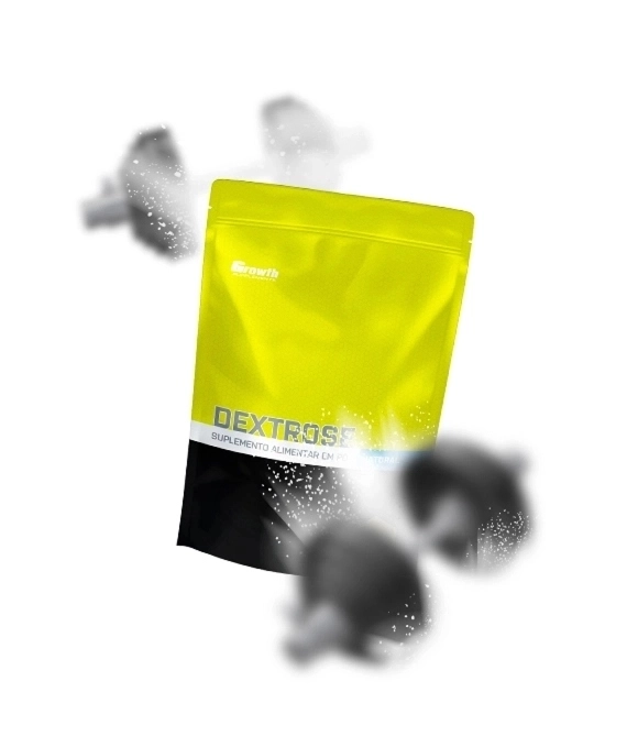 GROWTH SUPPLEMENTS - Imagem ilustrativa embalagem de dextrose e halteres