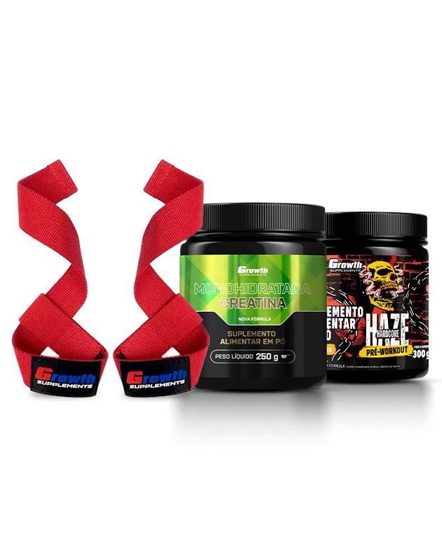 Kit  Pré-Treino Haze 300g, Creatina Monohidratada 250g, Fita Strap Vermelha