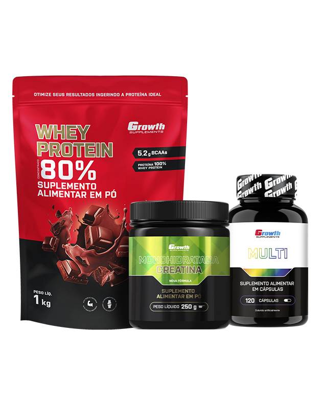 Kit Whey Protein Concentrado 1kg, Creatina Monohidratada 250g e Multivitamínico 120 caps		