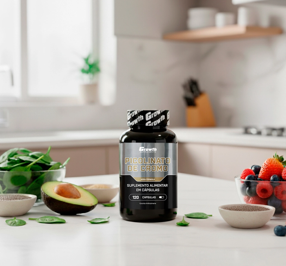 GROWTH SUPPLEMENTS - EMBALAGEM DO PICOLINATO DE CROMO 120CAPS EM CIMA DE UM BALCÃO NA COZINHA