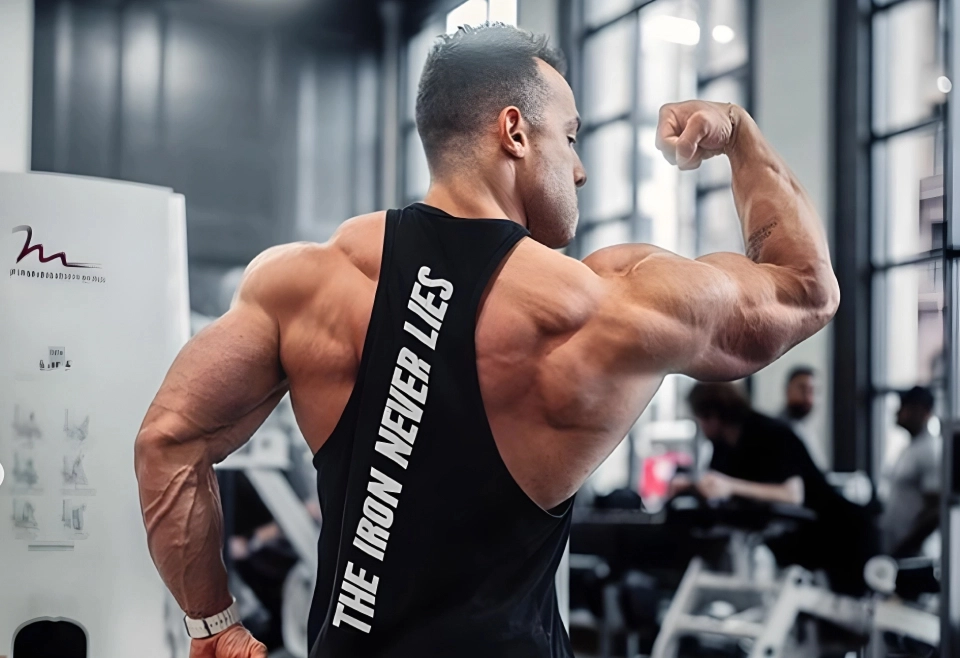 Diogo Montenegro Atleta Growth Supplements de costas forçando o biceps
