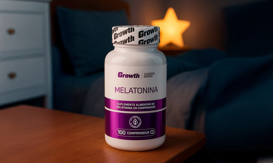 Melatonina 0,21mg (100 Comprimidos) - Growth Supplements, em cima da mesa de um quarto com uma cama no fundo