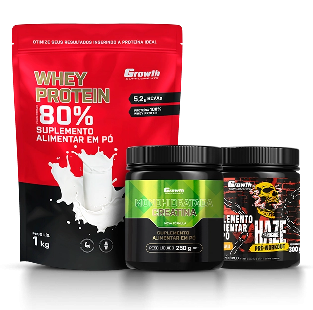 Foto do produto KIT WHEY PROTEIN CONCENTRADO 1KG, CREATINA MONOHIDRATADA 250G E PRÉ-TREINO HAZE LARANJA 300G