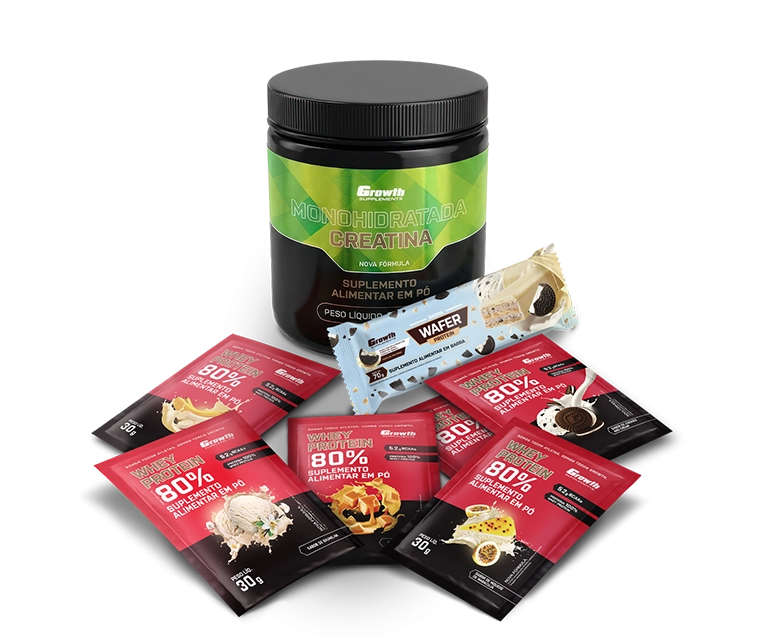 Foto do produto KIT SABORES: BARRA WAFER + CREATINA MONOHIDRATADA 250GR + DOSE 30GR WHEY PROTEIN CONCENTRADO 80% - CHOCOLATE COM AMENDOIM + BANANA + CARAMELO + MOUSSE DE MARACUJÁ + COOKIES + BAUNILHA
