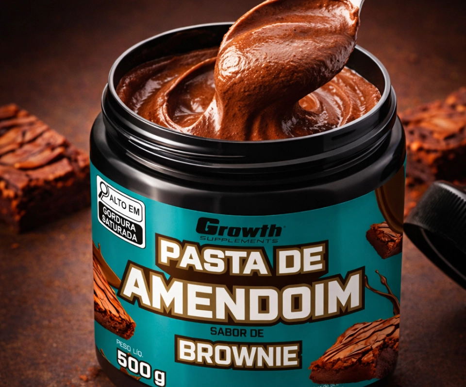 Growth Supplements - Imagem pasta de amendoim com colher por cima pegando, com brownies ao redor