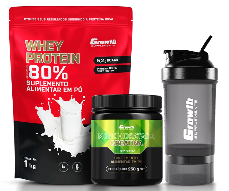 Foto do produto KIT WHEY PROTEIN CONCENTRADO 1KG, CREATINA MONOHIDRATADA 250G, COQUETELEIRA 3 COMPARTIMENTOS