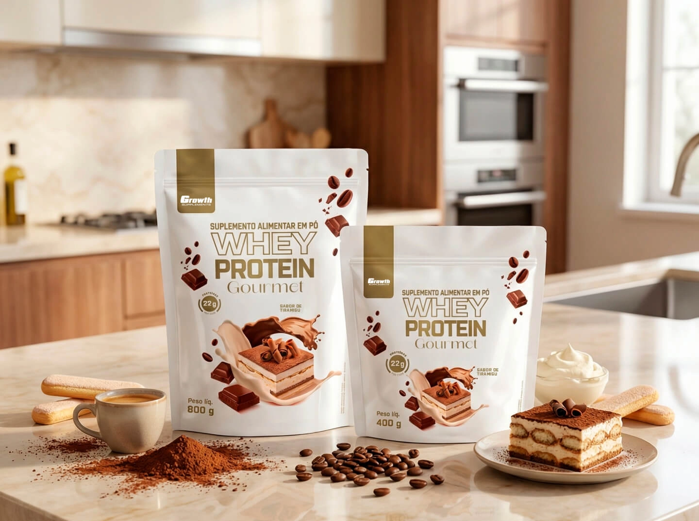 GROWTH SUPPLEMENTS - Embalagens de Whey Gourmet Tiramisu no balcão de uma cozinha