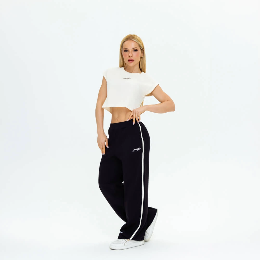 Calça Moletom Flare Vivo Lateral Preto Com Off White