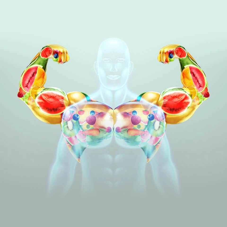 GROWTH SUPPLEMENTS - Imagem ilustrativa parte do corpo humano composta por frutas
